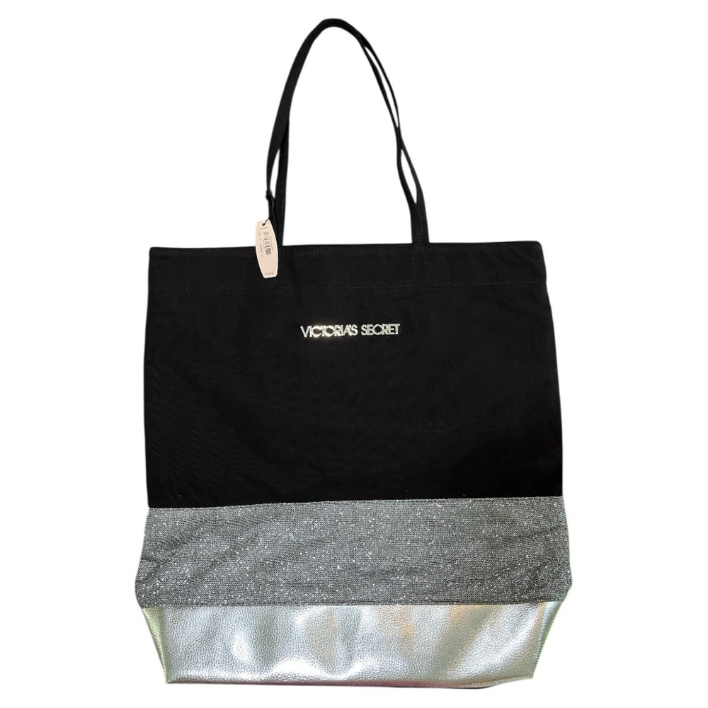 Victorias Secret Tote Bag Cloth Black Silver Glitter NWT